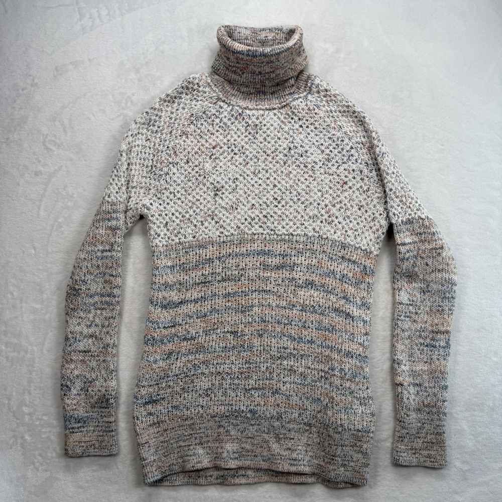 Prana Turtleneck Sweater Knit Organic Cotton Blend Blue Tan‎ Size M